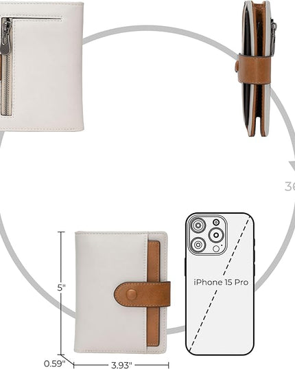 Alldaily Small RFID Blocking Leather Wallet for Women, Bifold with 10 Card Slots and Zipper Pocket (White&Brown)