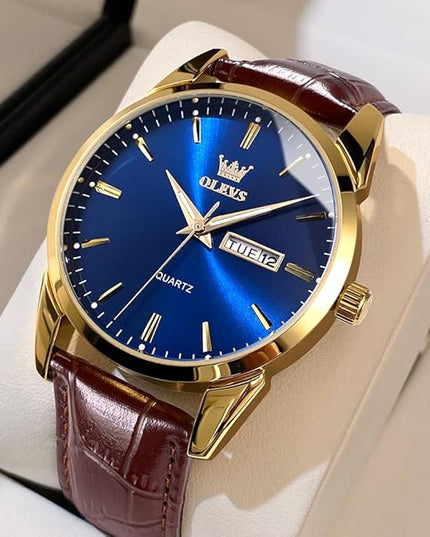 OLEVS Watches for Men Brown Leather Gold Case Analog Quartz Fashion Business Dress Watch Day Date Luminous Waterproof Casual Male Wrist Watches
