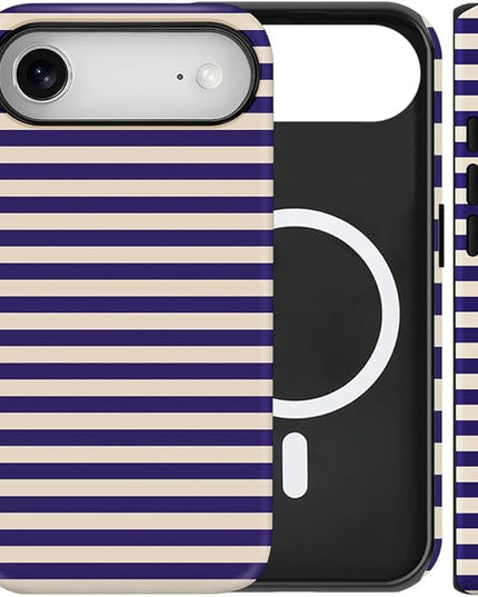 Magnetic for iPhone 17 Air Case Cute Stripes Phone Case, Shockproof Slim TPU and Hard PC Protective Phone Cover Compatible with MagSafe Designed for Women Girls, Blue&Apricot