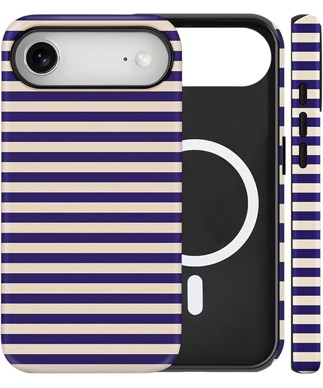 Magnetic for iPhone 17 Air Case Cute Stripes Phone Case, Shockproof Slim TPU and Hard PC Protective Phone Cover Compatible with MagSafe Designed for Women Girls, Blue&Apricot