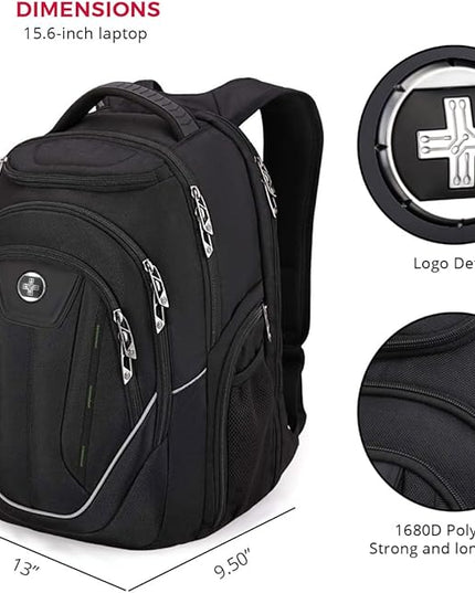 Swissdigital Design Large Travel Backpack For Men, TSA-Friendly Business Laptop Backpack, USB Charging Port，RFID Protection Tech Backpack Fits 15.6Inch Laptop Black/Green | J16BTF-21