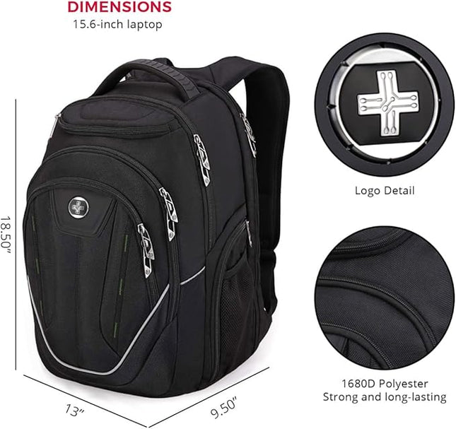 Swissdigital Design Large Travel Backpack For Men, TSA-Friendly Business Laptop Backpack, USB Charging Port，RFID Protection Tech Backpack Fits 15.6Inch Laptop Black/Green | J16BTF-21