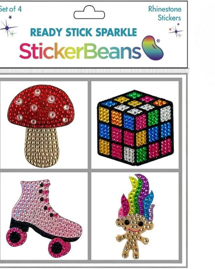 StickerBeans® Rhinestone Stickers - Retro Set 4-Pack, 2” x 2” Each, Unique Sparkly Cut-to-Shape for Collecting, Trading, Decorating Laptops, Phone Cases, Scrapbooks, for Kids, Teens, & Adults