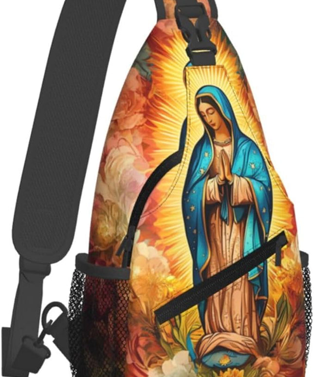 Our Lady of Guadalupe Sling Bag Crossbody Bags Clovers Chest Bag for Travel Hiking for Men Women Flower Mary 12