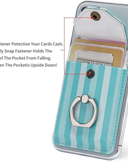 Cell Phone Card Holder RFID Ring Stand Stick on Wallet Card Holder for Back of Phone for iPhone Android and All Smartphones Green Striped