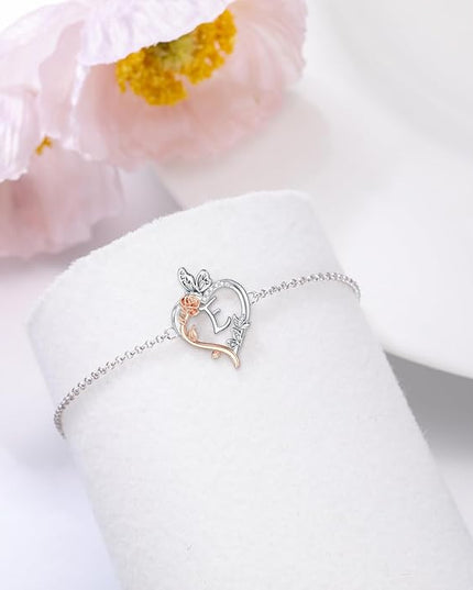 TOUPOP Gifts for Women Rose Heart Initial Bracelet 925 Sterling Silver Butterfly Letter Link Bracelet Love Jewelry Valentines Day Birthday Gifts for Her Wife Girlfriend Mom