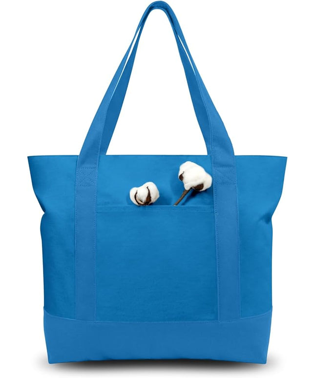 TOPDesign 1-Pack Canvas Tote Bag with an External Pocket, Reusable Grocery Shopping Bag, Top Zipper Closure, Daily Essentials (Ocean Blue)
