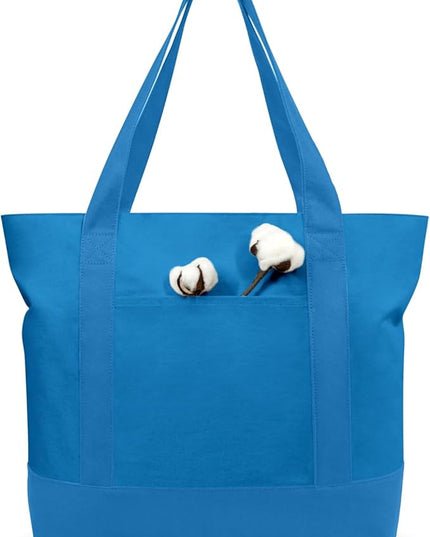TOPDesign 6-Pack Canvas Tote Bags with an External Pocket, Reusable Grocery Shopping Bags, Top Zipper Closure, Daily Essentials (Ocean Blue)