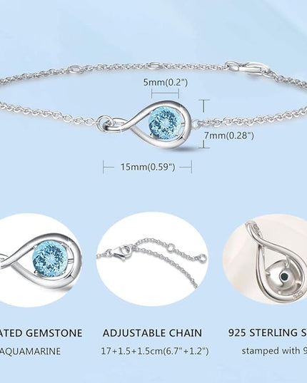 FANCIME Love Bracelet 925 Sterling Silver Infinity Birthstone Bracelets for Women Fine Jewelry Birthday Christmas Gifts for Her Mom Wife, Chain Length 6.7"+1.2" Extend