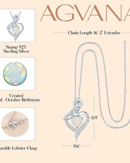 AGVANA Christmas Gifts Rosy Reverie Birthstone Necklace for Women Sterling Silver Genuine or Created Gemstone Rose Flower Heart Pendant Necklace Anniversary Birthday Gifts for Women Mom Wife Her