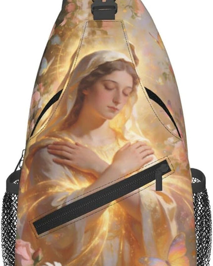 Our Lady of Guadalupe Sling Bag Crossbody Bags Clovers Chest Bag for Travel Hiking for Men Women Golden Mary 8