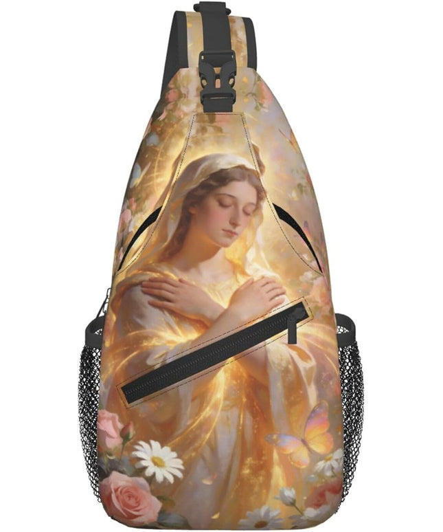 Our Lady of Guadalupe Sling Bag Crossbody Bags Clovers Chest Bag for Travel Hiking for Men Women Golden Mary 8