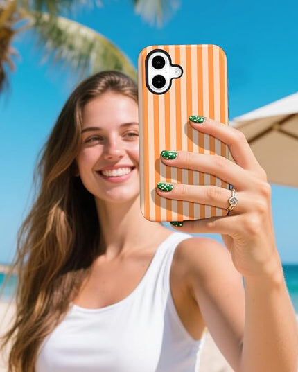 Magnetic for iPhone 16 Plus Case Cute Stripes Phone Case, Shockproof Slim TPU and Hard PC Protective Phone Cover Compatible with MagSafe Designed for Women Girls, Orange
