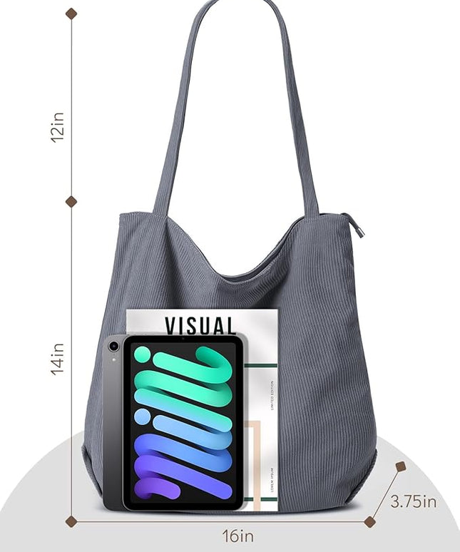 Iioscre Corduroy Tote Bag for Women,Hobo HandBags with Zipper,Large Capacity Casual Shoulder Handbags with Inner Pockets