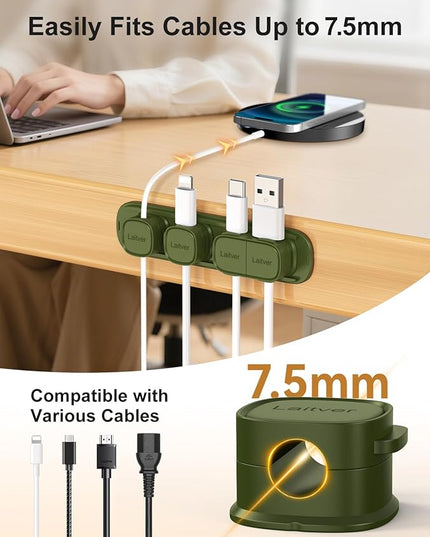 6 Pack Magnetic Cable Clips [1s Open/Lock], Laitver Cord Organizer Holder Strong Adhesive Desk Cable Management- Organize Charging Cords Neatly for Home, Office, Car,Desk, Nightstand-Deep Green