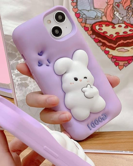 Case Compatible with iPhone 12 Pro Max,Cute 3D Kawaii Funny Bunny Purple Cartoon Cover with Keychain Soft Silicone Gel Drop Protector Women Girls