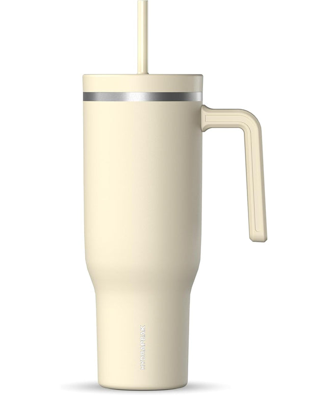 Hydrapeak Voyager 40 Oz Stainless Steel Tumbler with Handle, Insulated Water Bottle With Straw & Lid, Cupholder Friendly Reusable Travel Mug (Modern Cream)
