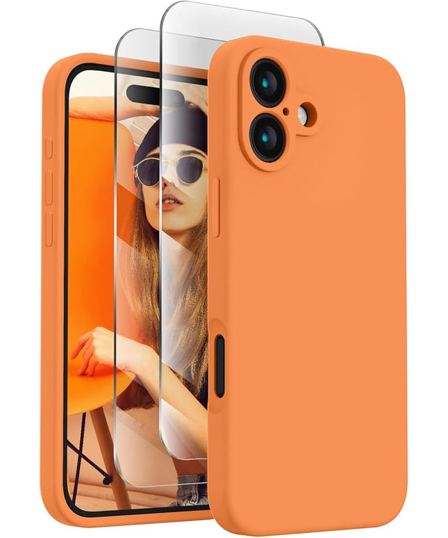 FireNova Designed for iPhone 16 Plus Case, Silicone Upgraded [Camera Protection] Case with [2 Screen Protectors], Soft Anti-Scratch Microfiber Lining Inside, 6.7 inch, Kumquat