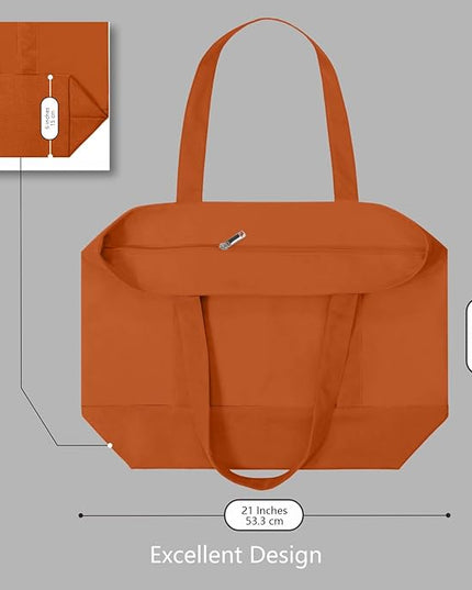 TOPDesign 3-Pack Canvas Tote Bags with an External Pocket, Reusable Grocery Shopping Bags, Top Zipper Closure, Daily Essentials (Orange)