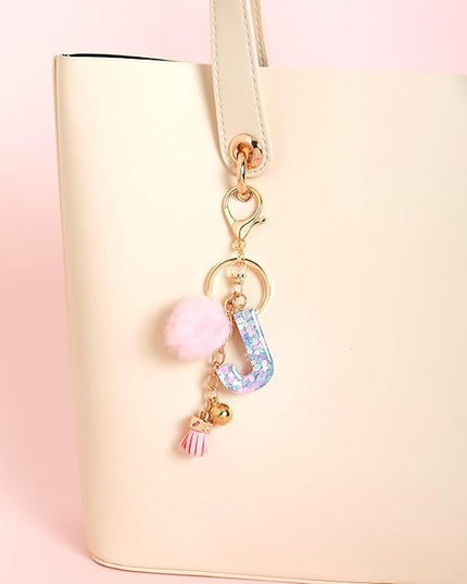 Resin Alphabet Initial Letter Keychain Keyring for Women Purse Handbags With Fur Ball Pom