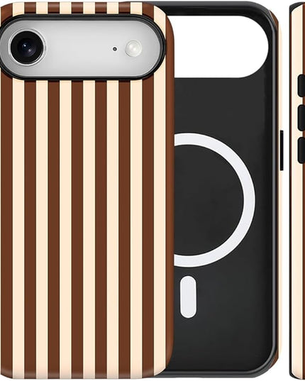 Magnetic for iPhone 17 Air Case Cute Stripes Phone Case, Shockproof Slim TPU and Hard PC Protective Phone Cover Compatible with MagSafe Designed for Women Girls, Brown