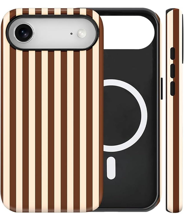 Magnetic for iPhone 17 Air Case Cute Stripes Phone Case, Shockproof Slim TPU and Hard PC Protective Phone Cover Compatible with MagSafe Designed for Women Girls, Brown