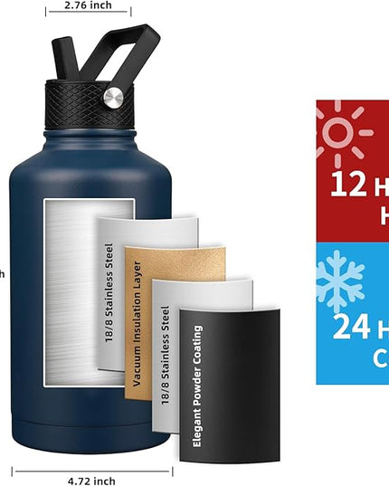 Insulated Water Bottle 64oz,Triple Wall Vacuum Stainless Steel(Dishwasher Safe),Leak Proof & Non-BPA,Flask Jug with Paracord Handle & Straw Spout Lids Sports Navy Blue