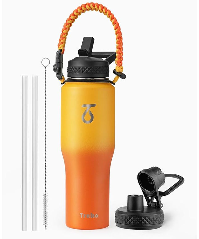Trebo 32oz Insulated Water Bottle that Fits in Cup Holder, Stainless Steel Bottles Tumbler Double Wall Metal with Straw Spout Lids,Travel Flask with Paracord Handle, Sweat Proof Keep Cold &Hot,Orange