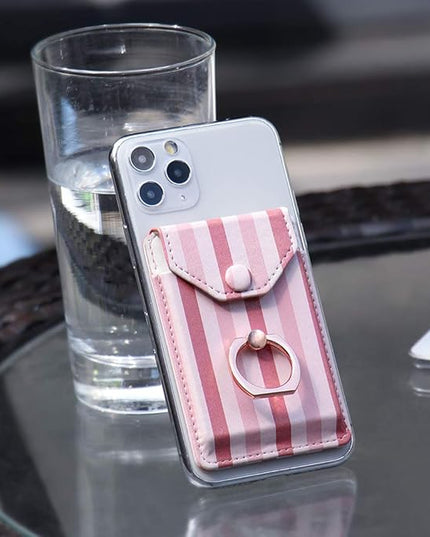 RFID Ring Stand Stick on Wallet Card Holder for Back of Phone for iPhone Android and All Smartphones Adhesive Credit Card Holder for Cell Phone-Pink Striped