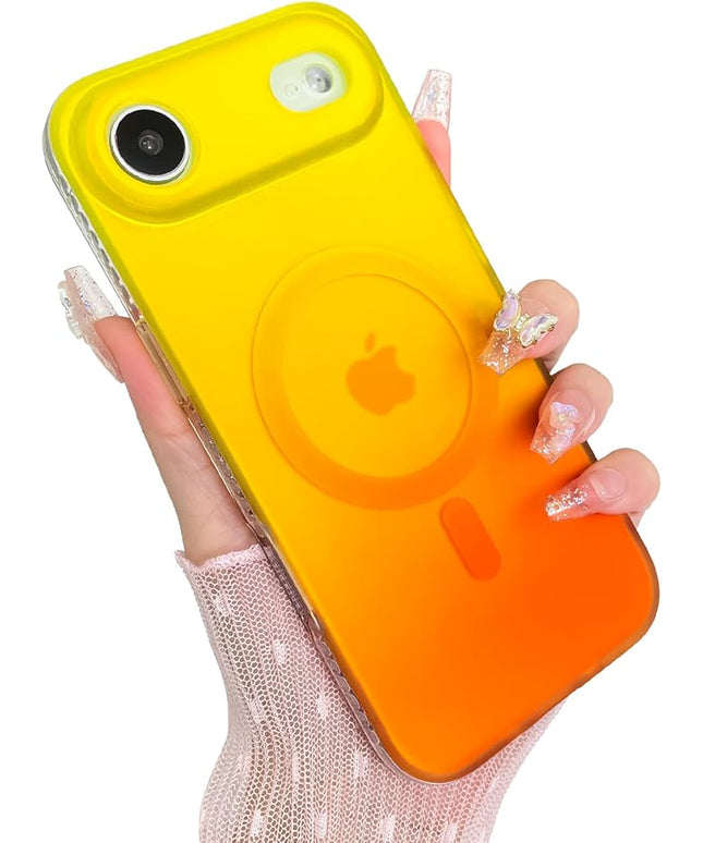 Aesthetic Case for iPhone Air Case for Women Girls [Compatible with Magsafe] Cute Girly Trendy Glitter Sparkly Rainbow Magnetic Protective Phone Cover, Matte Iridescent Yellow & Orange
