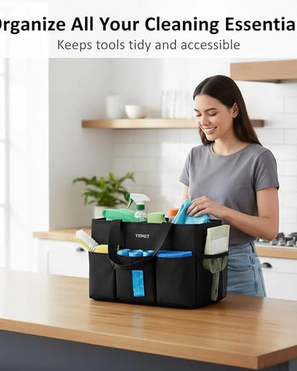 Ytonet Cleaning Caddy Bag, Large Cleaning Supplies Organizer with Handle & Foldable Divider for Cleaners, Water Resistant Housekeeping Supplies for Kitchen, Car Tool Caddy Organizer Bag, Black