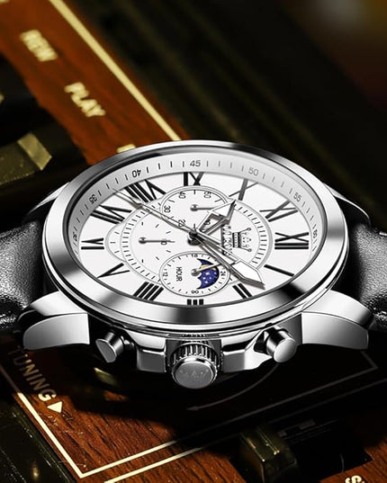 OLEVS Men's Watches Leather Strap Analog Quartz Watch, Fashion Big Dial Date Waterproof Watch, Dress Luxury Luminous Men Watches