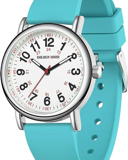 GOLDEN HOUR Waterproof Nurse Watch for Medical Professionals, Students Women Men - Military Time Luminouse Easy Read Dial, 24 Hour with Second Hand, Colorful Silicone Band