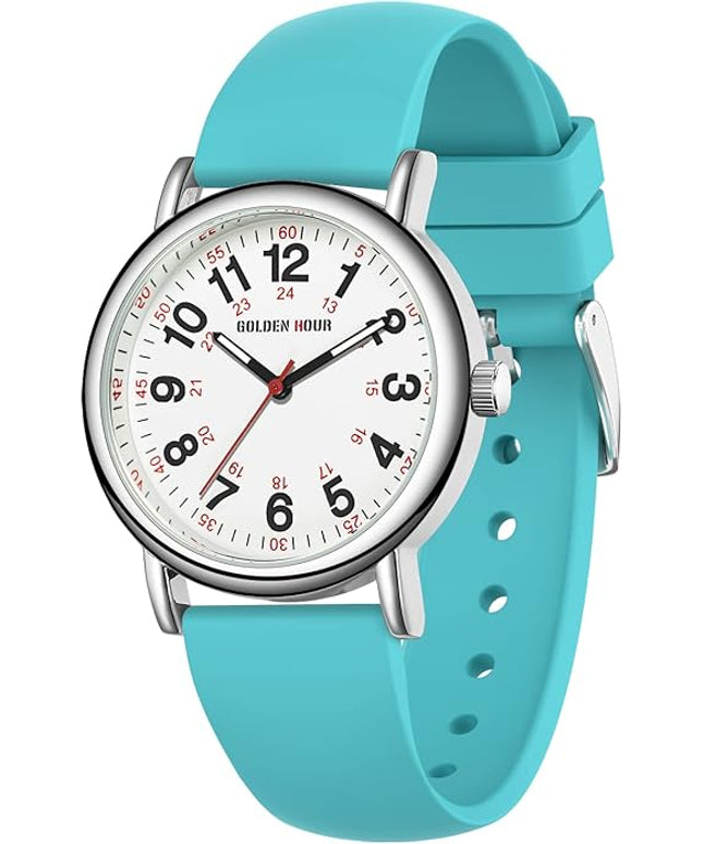 GOLDEN HOUR Waterproof Nurse Watch for Medical Professionals, Students Women Men - Military Time Luminouse Easy Read Dial, 24 Hour with Second Hand, Colorful Silicone Band