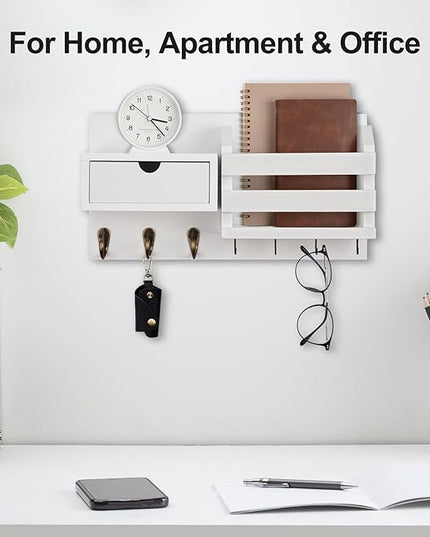 Lwenki Wall Mount Key Holder with Mail Organizer, 100% Paulownia Wood, 7 Metal Hooks, Storage Drawer, Entryway Home Decor (White)
