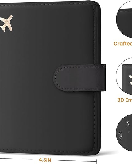 Passport Holder for Travel Essentials, RFID Blocking Leather Cover Wallet with Magnetic Closure, Aesthetic & Cute Passport Book Case for Women and Men - Black