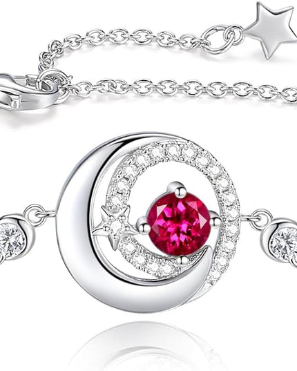 FANCIME Birthstone Bracelets 925 Sterling Silver Moon and Star Bangle Charm Bracelet Fine Jewelry Birthday Anniversary Christmas Day Gift for Her Women, Adjustable Chain 6.7"+1.2" Extend