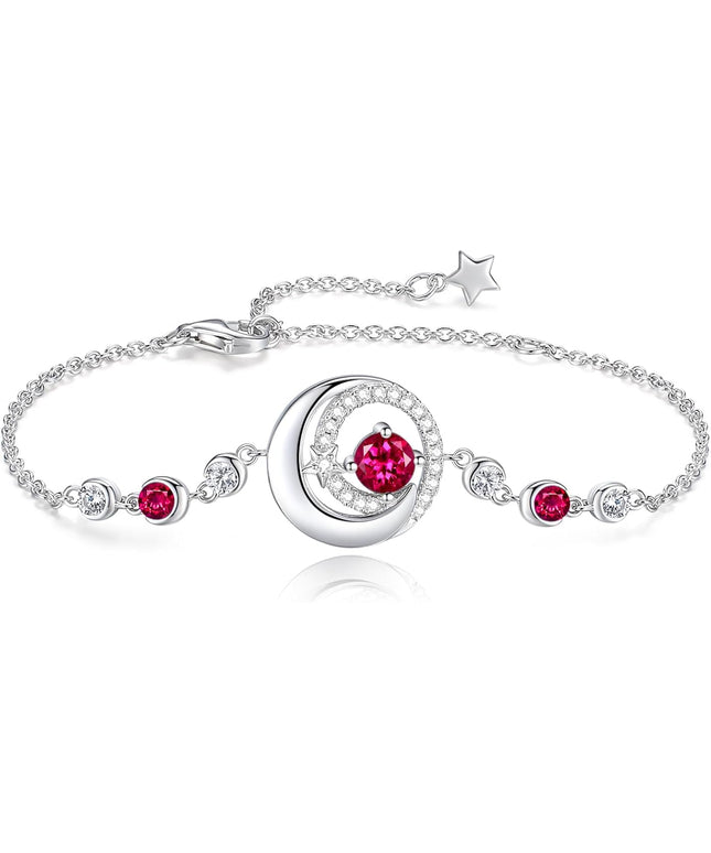 FANCIME Birthstone Bracelets 925 Sterling Silver Moon and Star Bangle Charm Bracelet Fine Jewelry Birthday Anniversary Christmas Day Gift for Her Women, Adjustable Chain 6.7"+1.2" Extend