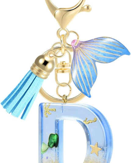 Initial letter Keychains for Women, Ocean Series Avowing Protect Earth Environment, Tassel Cute Car Keychain Initial Key Chain Keyring for Bookbag Handbag Backpack Charm Key Ring Unisex (Letter D)