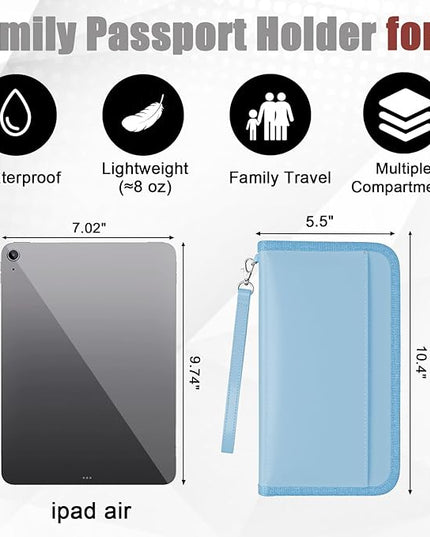GOAUS Passport Holder with AirTag Slot, PU Leather Travel Document Organizer, Multiple RFID Blocking Wallet for Family of 4 to 6 Blue