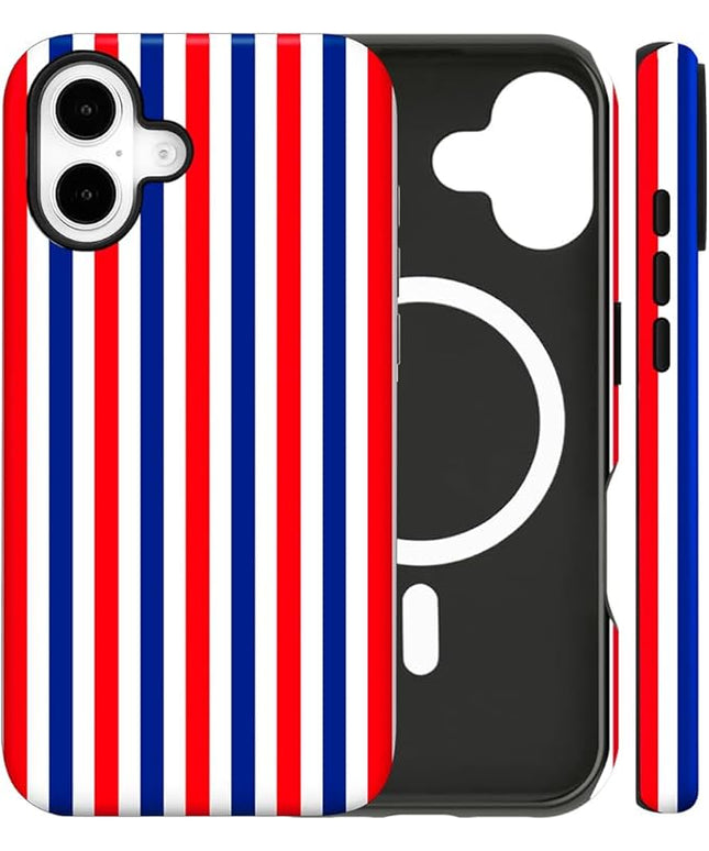 Magnetic for iPhone 17 Case Cute Stripes Phone Case, Shockproof Slim TPU and Hard PC Protective Phone Cover Compatible with MagSafe Designed for Women Girls, Red and Blue