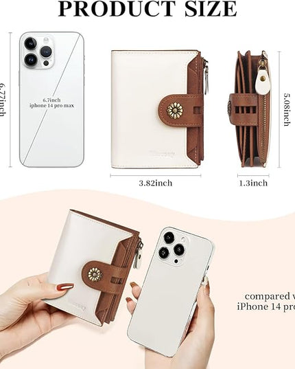 Blucoay Wallet Women,RFID Blocking Leather Womens Wallet Bifold Compact Card Holder Small Wallet for Women with Removable ID Window(Whitebrown)