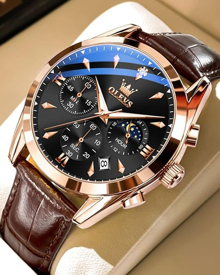 OLEVS Men's Watches Leather Strap Analog Quartz Watch, Fashion Big Dial Date Waterproof Watch, Dress Luxury Luminous Men Watches