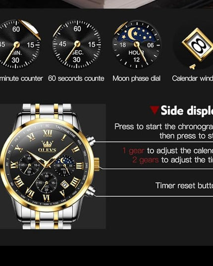 OLEVS Mens Watch Luxury Big Face Stainless Steel Analog Quartz Multifunctional Waterproof Luminous Date Two Tone Fashion Dress Wrist Watches for Man