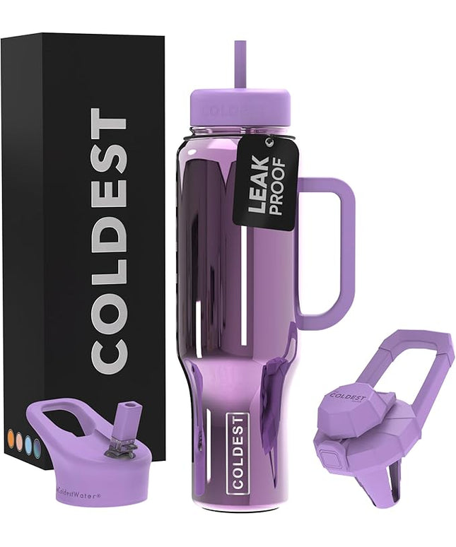 Coldest Tumbler with Handle and Straw, 100% Spill Proof Tumbler with Straw (3 Lids), Stainless Steel Insulated Leakproof Tumblers for Women Men, Cup Holder Friendly, 46 oz (Violet Astra Reflections)