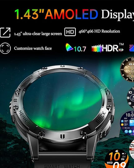 1.43" Amoled Ultra Military Smart Watch for Men(Answer/Dial Calls) 100+Sports Modes,5ATM Waterproof 530mAh Large Battery Super Long Standby with LED Flashlight,Heart Rate,SpO2,BP Android iOS