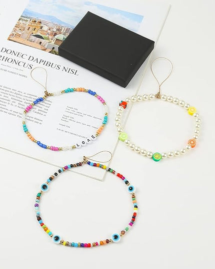 Taouzi 6PCS Beaded Phone Charms Face Fruit Star Pearl Rainbow Beads Phone Lanyard Wrist Strap for Women