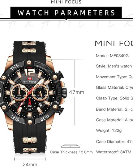 MF MINI FOCUS Men Watches Unique Casual Wrist Watches (Chronograph/Waterproof/Luminous/Calendar/24 Hours) Silicon Band Fashion Watches for Men
