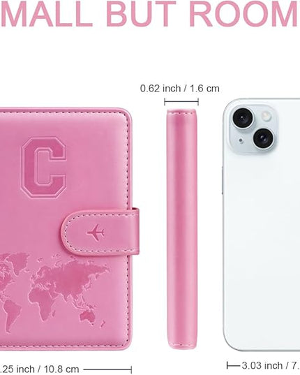 Passport Holder Cover Initail Letter A-Z Travel Wallet Embossed Design RFID Blocking Card Holder Personalized Gift Passport Cover Wallet, Passport Book Holders for Women and Girls, Pink-C