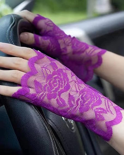 Women's Short Lace Gloves Fingerless for Driving Wedding Wrist Length Bridal Prom Gloves